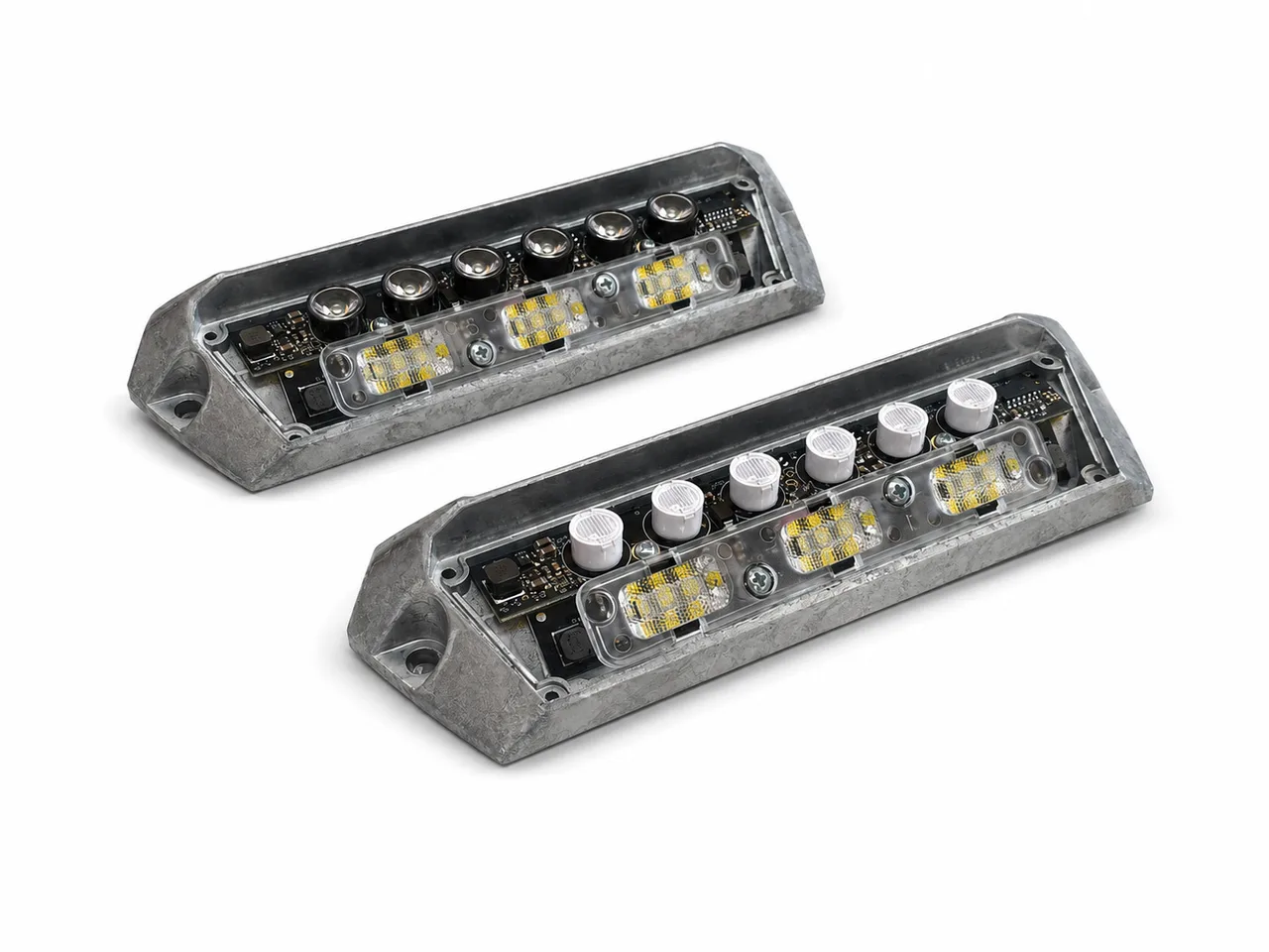 AXION LAMP — work and warning light prototypes seen from the optics side: directional lenses and LED modules