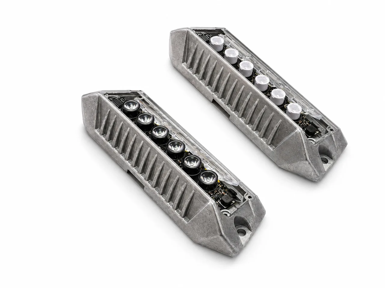AXION LAMP — a work and warning light prototype from the heatsink side: finned aluminum housing